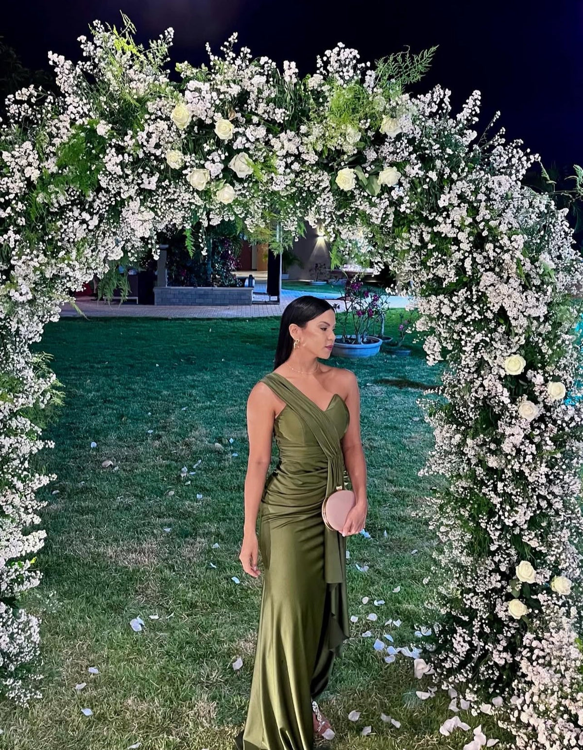 One-Shoulder Green Satin Long Prom Dress Formal Wedding Guest Dress