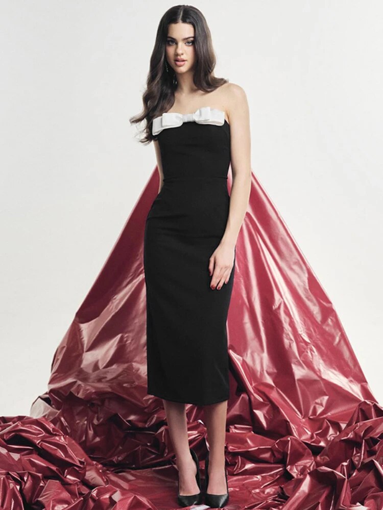 TARUXY Black Splice Bow Long Dress Women Sexy Slit Bodycon Off Shoulder Dresses Lady Wedding Elegant Party Evening Dress Femme - View 5 | VelvetHem