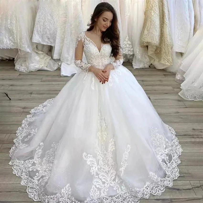 Plus Size Wedding Dresses V Neck Long Sleeves Court Train Tulle Lace Applique Wedding Dresses Lace Up Back Vestido De Noiva by payinti