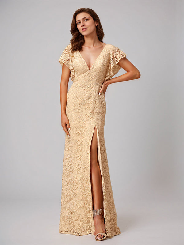 Champagne A-Line V-Neck Floor-Length Lace Bridesmaid Dress