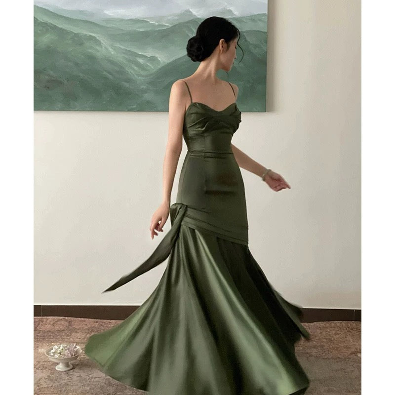 Simple Sheath Spaghetti Straps Floor Length Olive Green Long Party Dresses Birthday Outfits