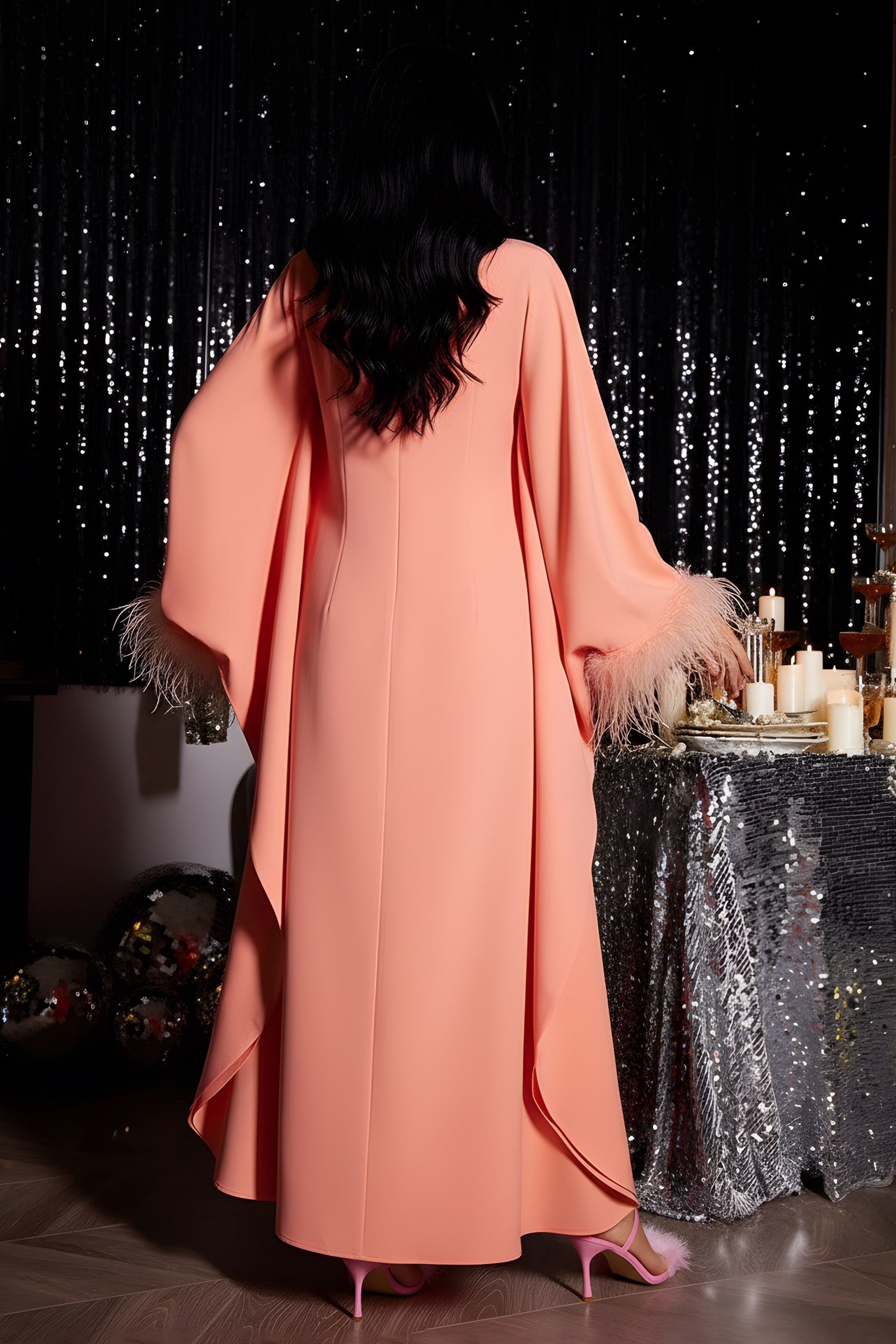 High-Neck Evening Gown with Feather Trimmed Sleeves