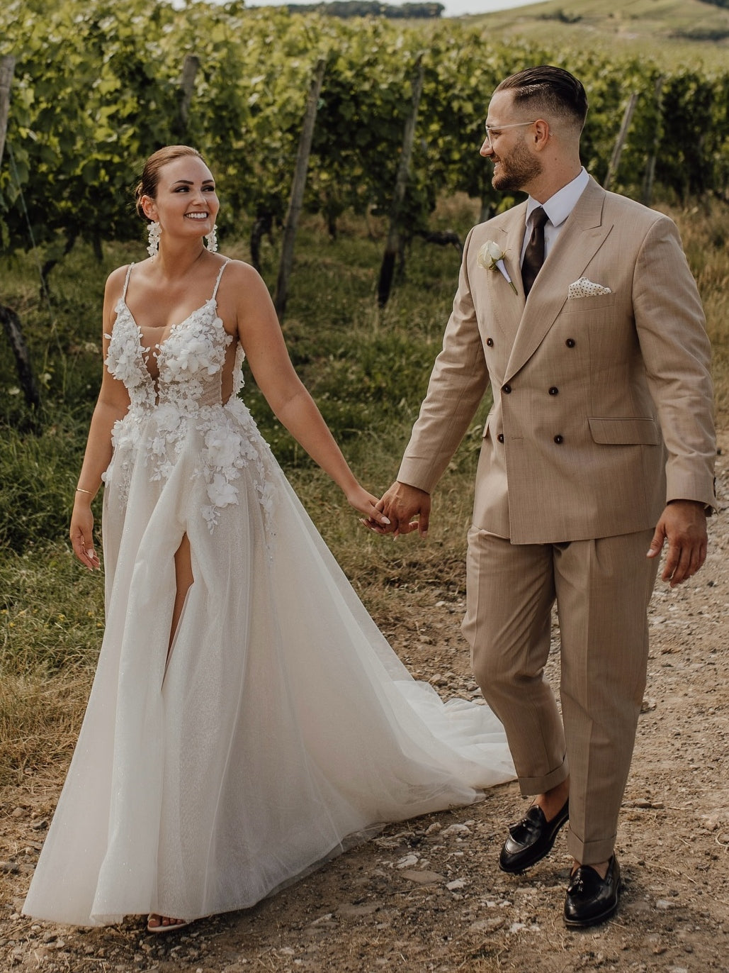 Boho Thin Strap 3D Flower Open Back Tulle Bridal Gown With Leg Slit