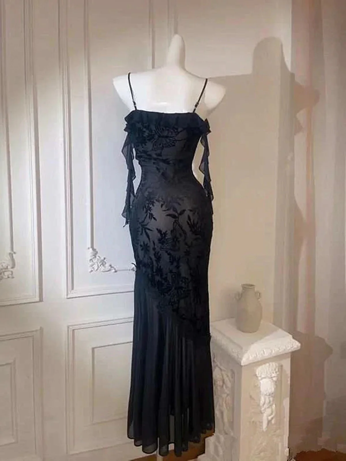 Black Lace Mermaid Maxi Dress Prom Dress, Gothic Lace Black Evening Dress - View 3 | FashionDia