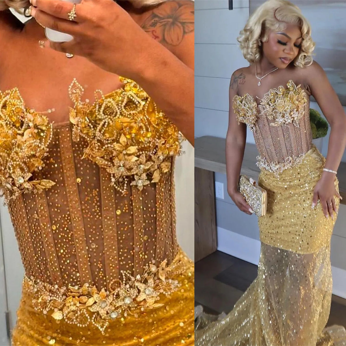 Gold Mermaid Prom Dress Evening Formal Party Birthday Engagement Gowns - View 8 | FashionDia