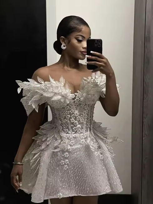 Vintage Pearls Beaded Floral Short Cocktail Dress Birthday Dress White Off-the-Shoulder Homecoming Dress - FashionDia
