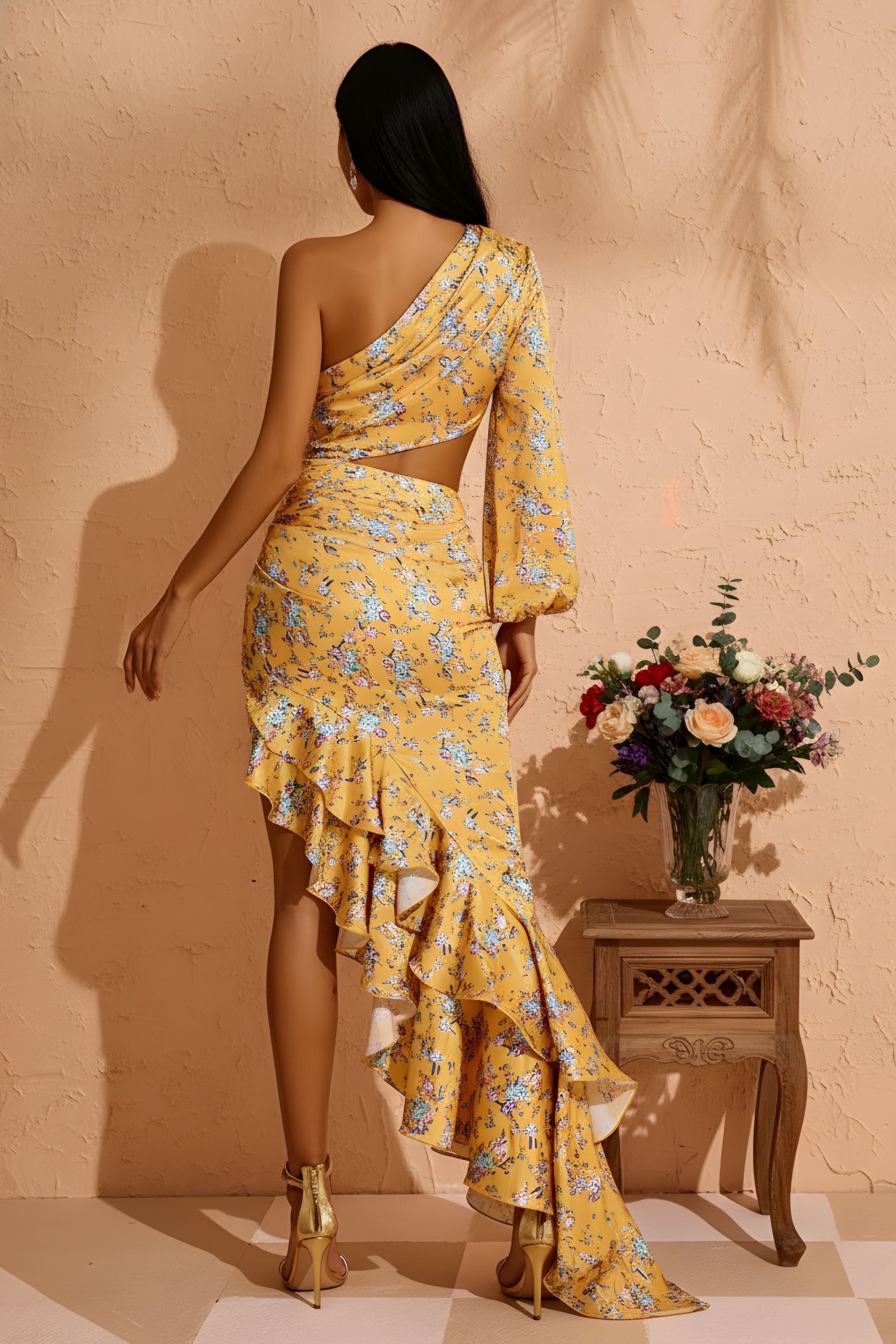 One-Shoulder Floral Print Cutout Ruffle Hem Midi Dress