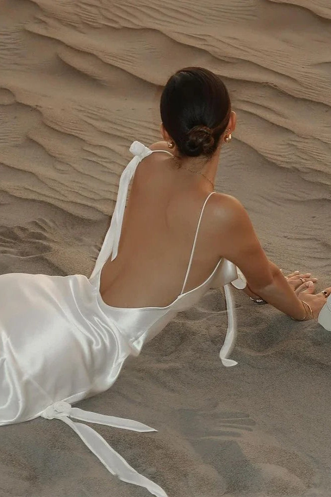 Elegant White Satin Backless Maxi Dress - View 7 | FashionDia