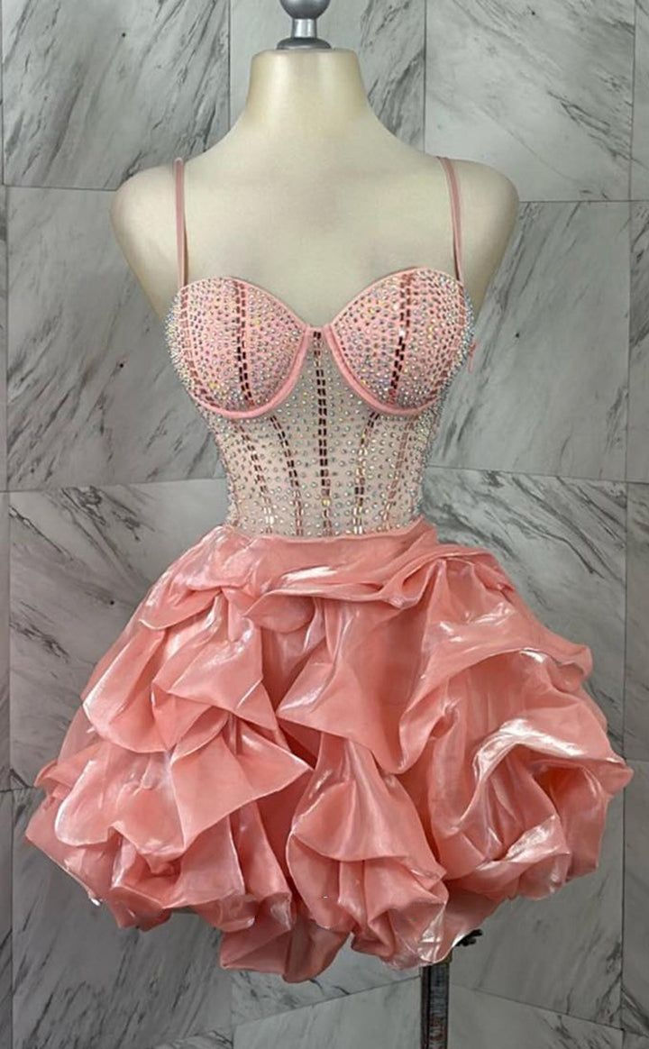 Stylish Spaghetti Straps Blush Pink Organza Formal Graduation Homecoming Dress Short Prom Dress - FashionDia