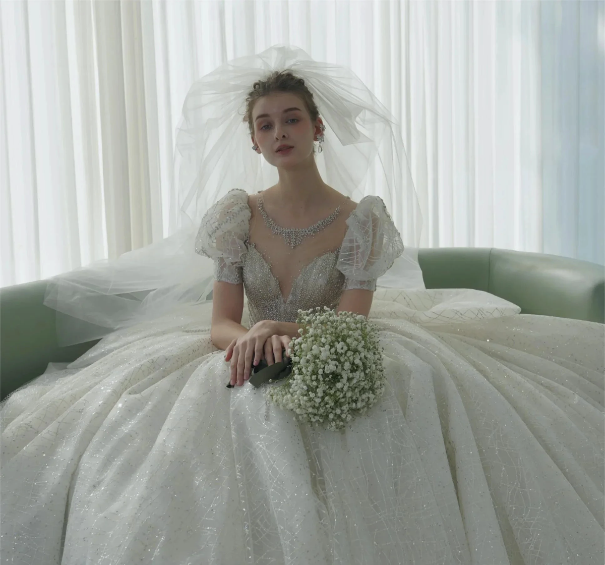 Glittering Ball Gown Deep V-Neck Tulle Wedding Dress with Beaded Embroidery & Puff Sleeves 6021-1 (ZD16920)
