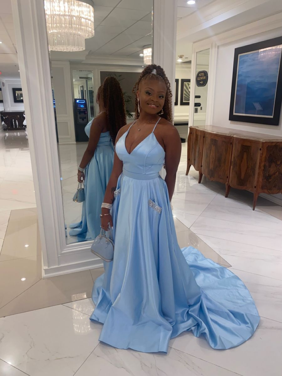 Classic Baby Blue Prom Dress with Pockets - FashionDia