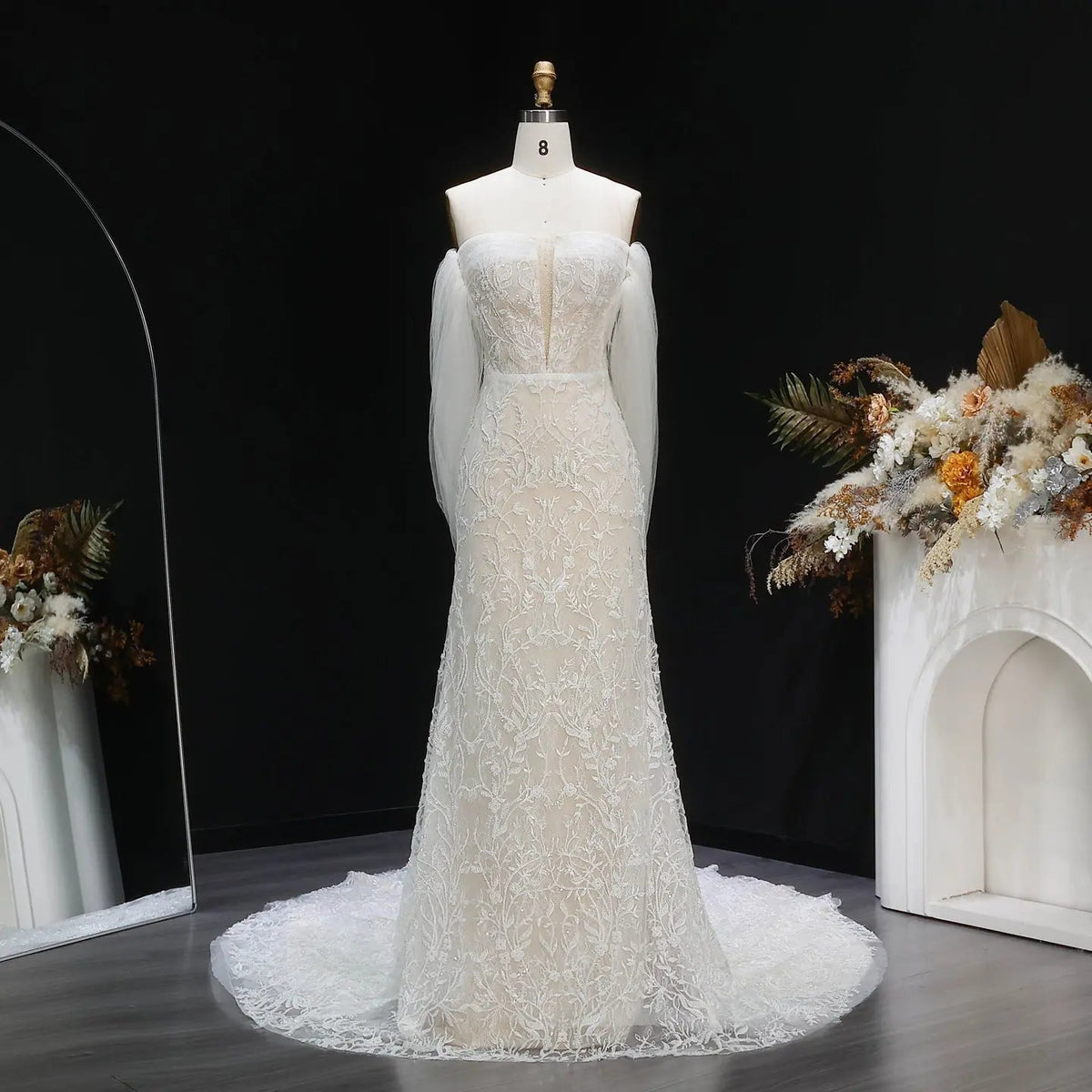 White Nude Lace Mermaid Wedding Dress Luxury Beaded Sequins Tulle Gloves ZP032