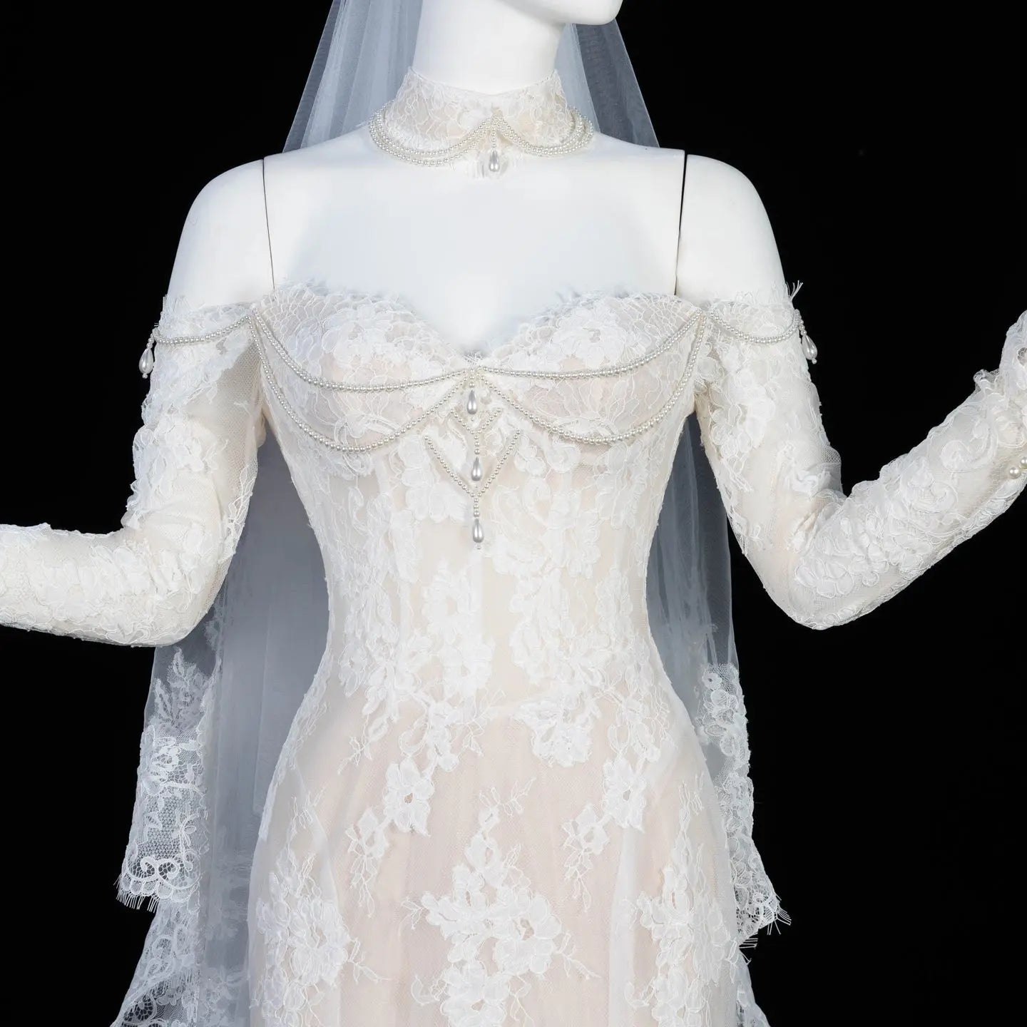 Elegant Ivory Sweetheart Neckline Sheer Lace Mermaid Wedding Dress with Veil ZP133