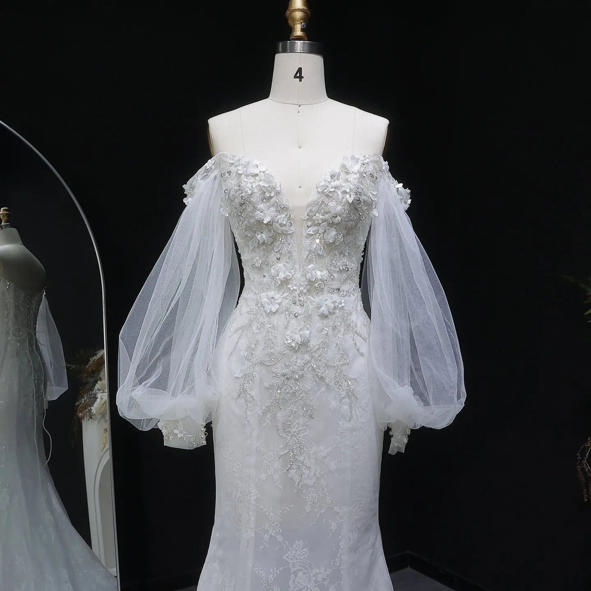 White Off‑The‑Shoulder Puff Sleeve 3D Floral Mermaid Wedding Dress ZP005