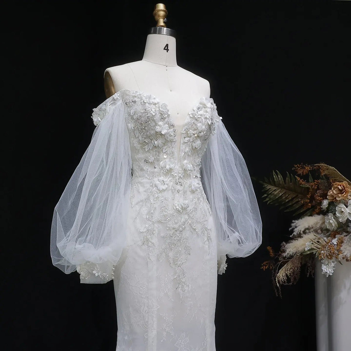 White Off‑The‑Shoulder Puff Sleeve 3D Floral Mermaid Wedding Dress ZP005