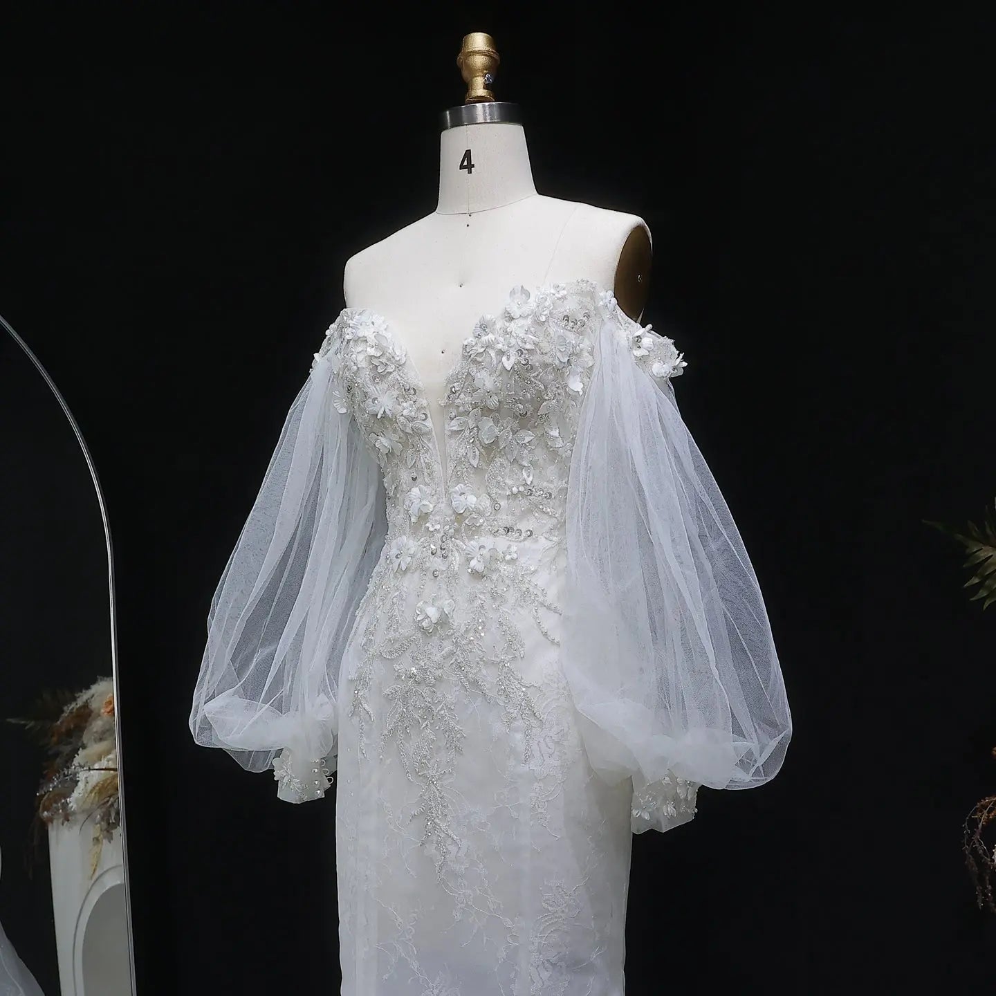 White Off‑The‑Shoulder Puff Sleeve 3D Floral Mermaid Wedding Dress ZP005