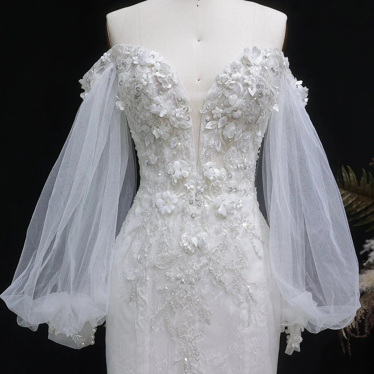 White Off‑The‑Shoulder Puff Sleeve 3D Floral Mermaid Wedding Dress ZP005