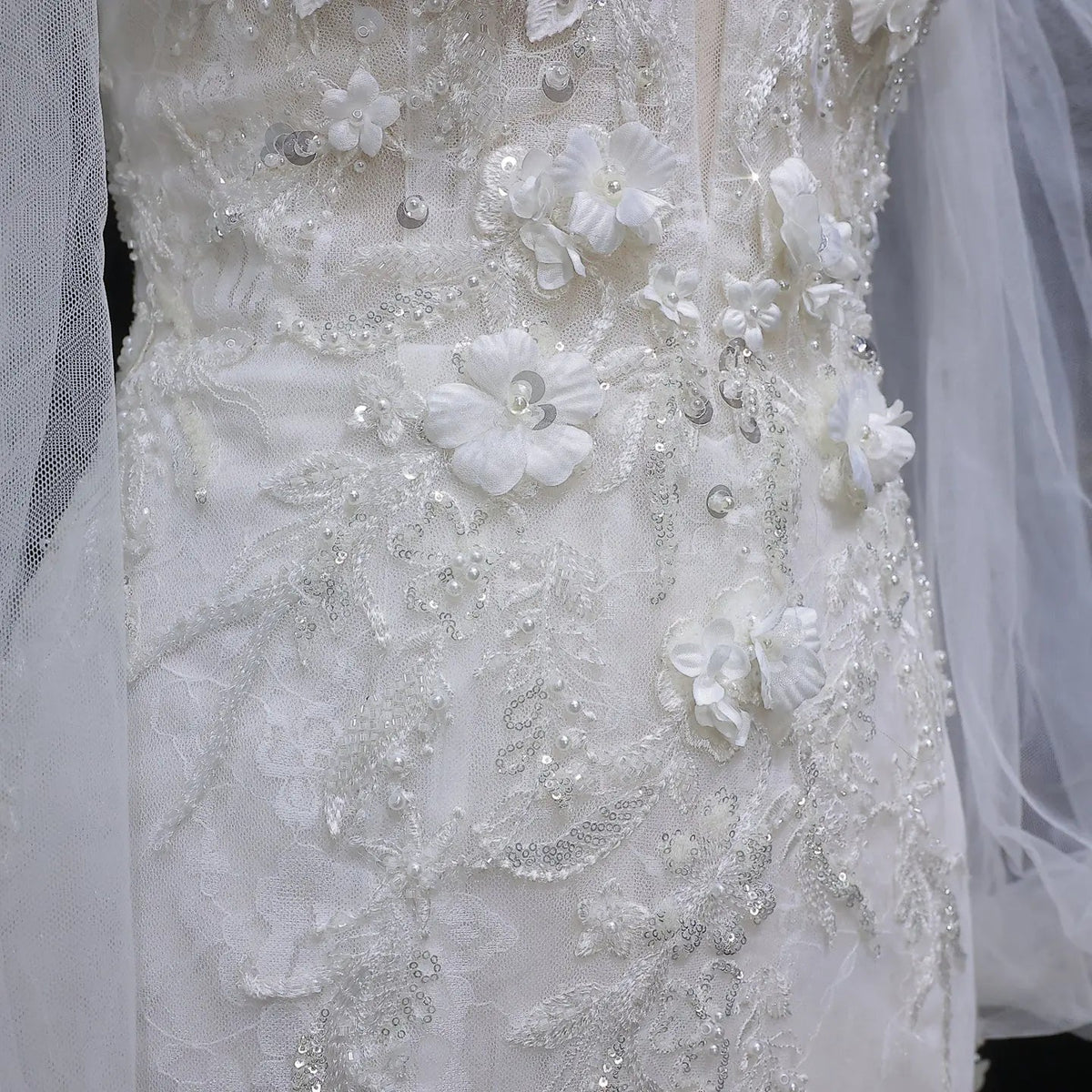 White Off‑The‑Shoulder Puff Sleeve 3D Floral Mermaid Wedding Dress ZP005