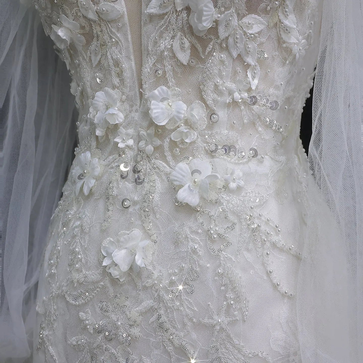 White Off‑The‑Shoulder Puff Sleeve 3D Floral Mermaid Wedding Dress ZP005