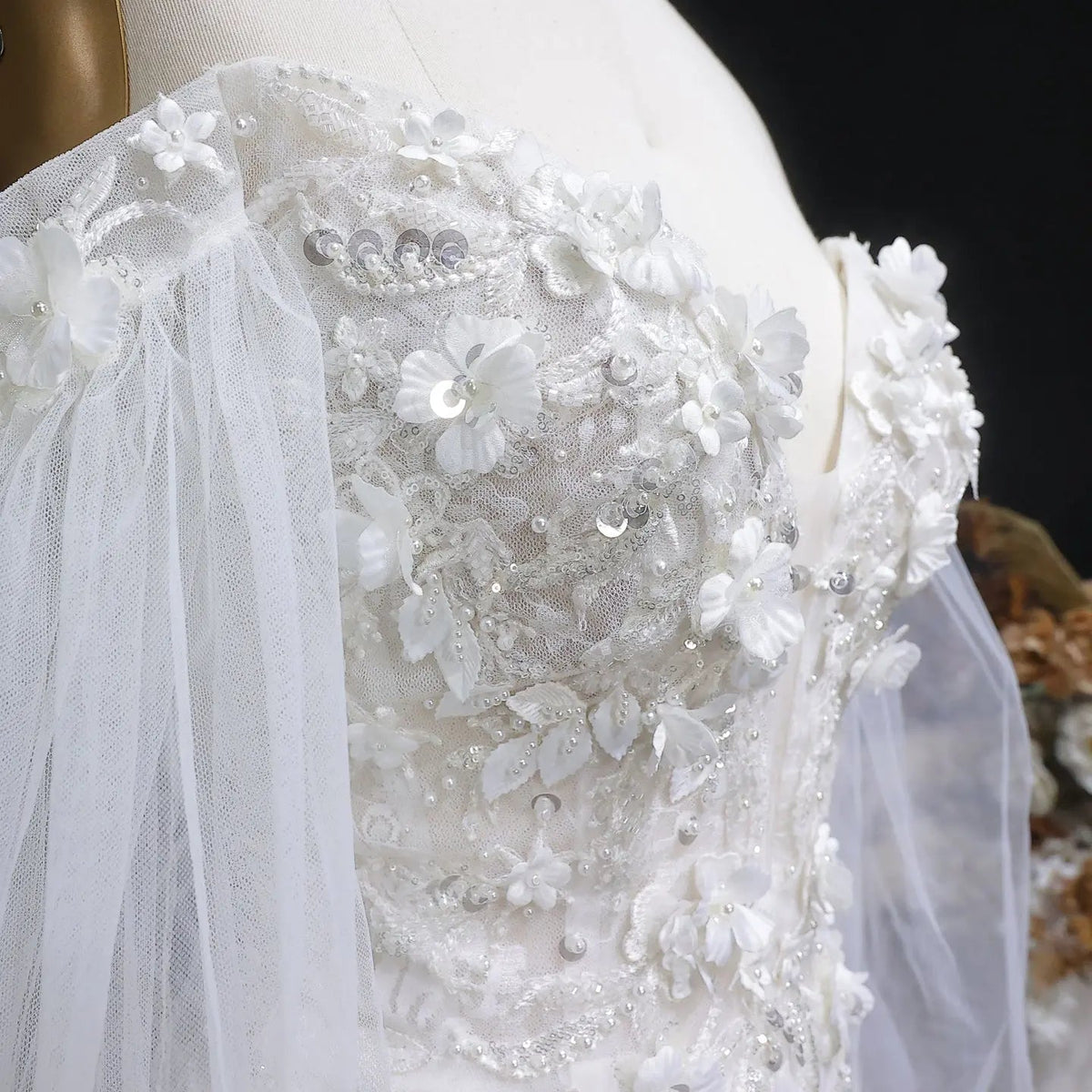 White Off‑The‑Shoulder Puff Sleeve 3D Floral Mermaid Wedding Dress ZP005