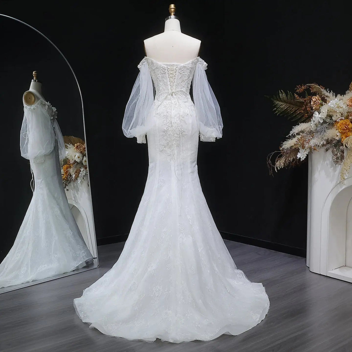 White Off‑The‑Shoulder Puff Sleeve 3D Floral Mermaid Wedding Dress ZP005