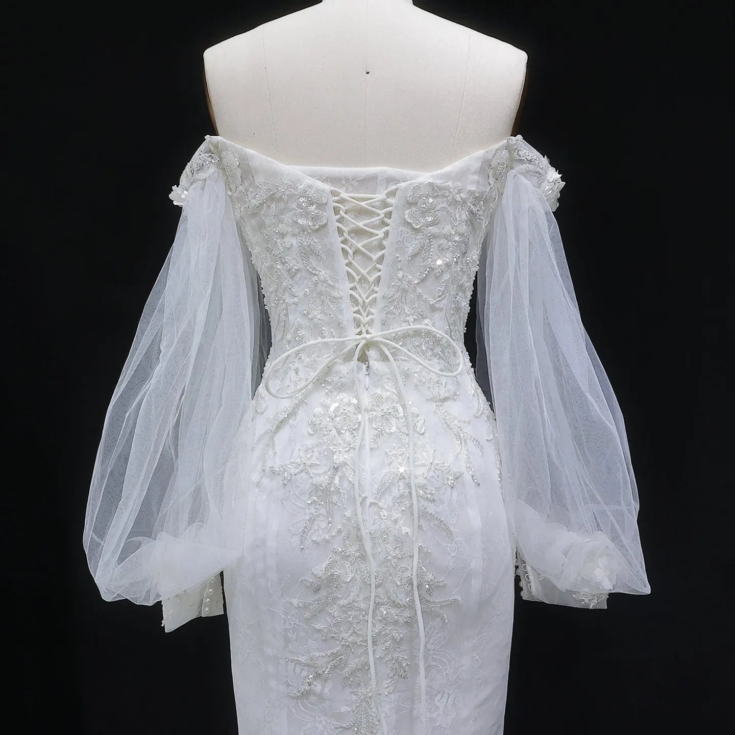 White Off‑The‑Shoulder Puff Sleeve 3D Floral Mermaid Wedding Dress ZP005