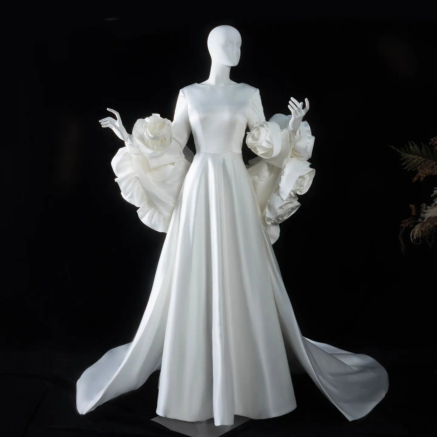 Ivory Romantic A-Line Satin Wedding Dress 3D Rose Floral With Veil ZP033