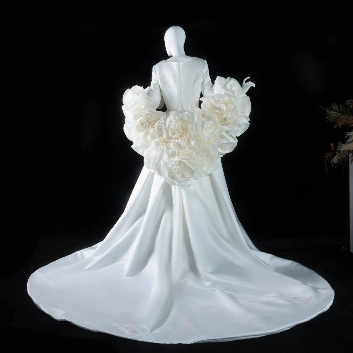 Ivory Romantic A-Line Satin Wedding Dress 3D Rose Floral With Veil ZP033