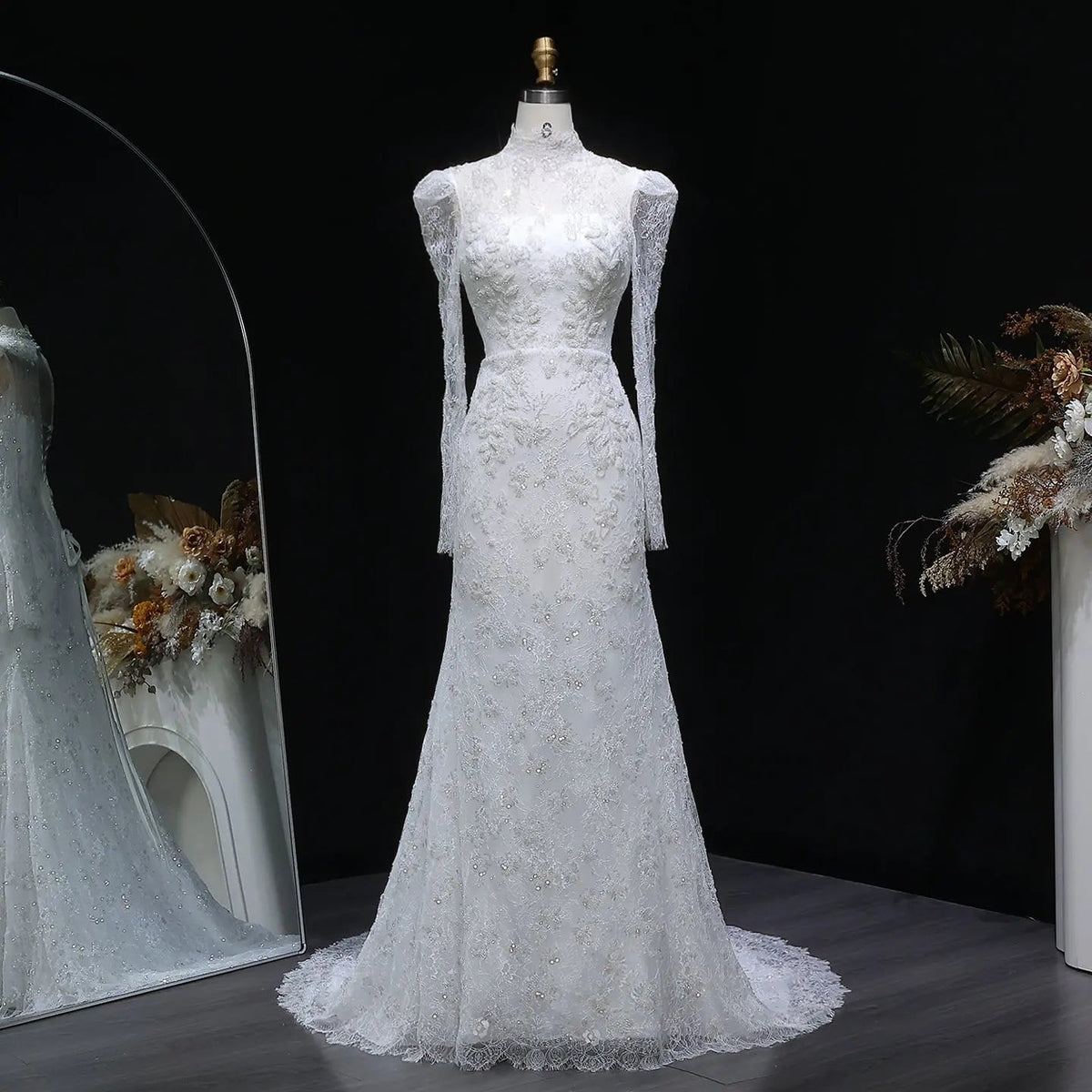Elegant Printed Crystal Sheer Lace Mermaid Wedding Dress ZP169