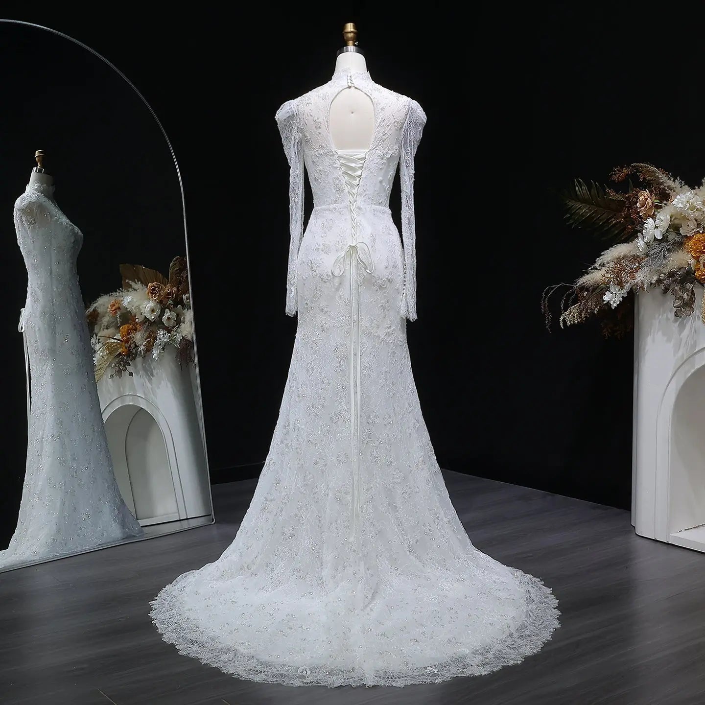 Elegant Printed Crystal Sheer Lace Mermaid Wedding Dress ZP169