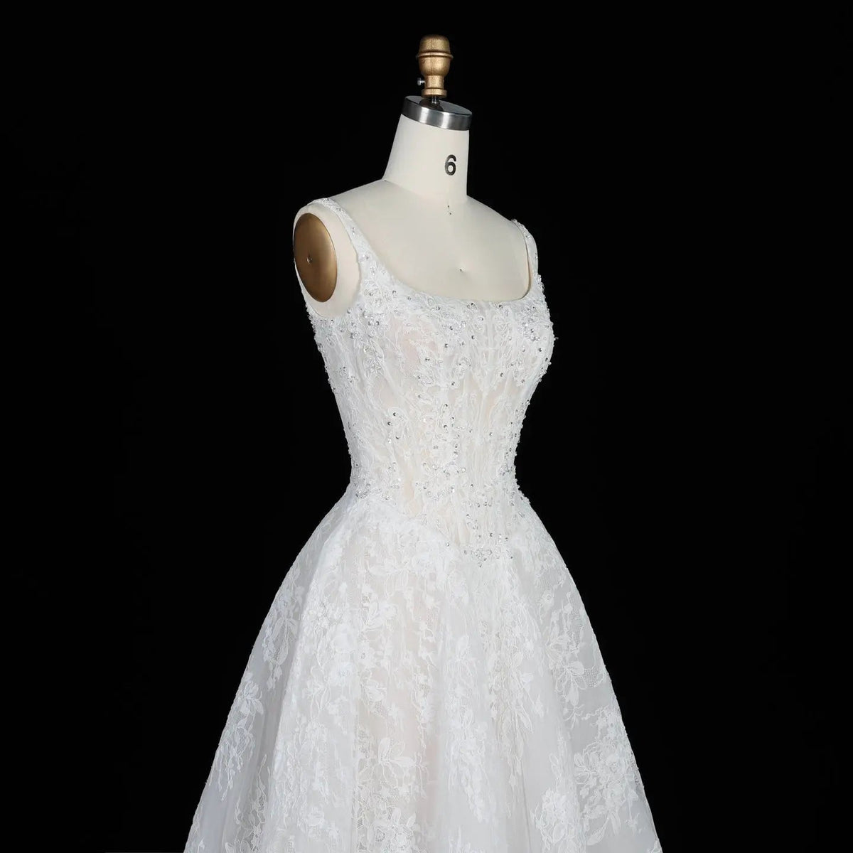 White Lace Spaghetti Strap Bridal Gown Square Neck Beaded Corset Ball Gown ZP012 - View 7 | VelvetHem
