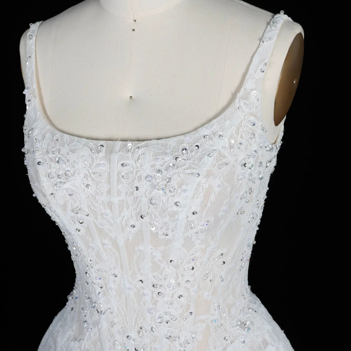 White Lace Spaghetti Strap Bridal Gown Square Neck Beaded Corset Ball Gown ZP012 - View 9 | VelvetHem