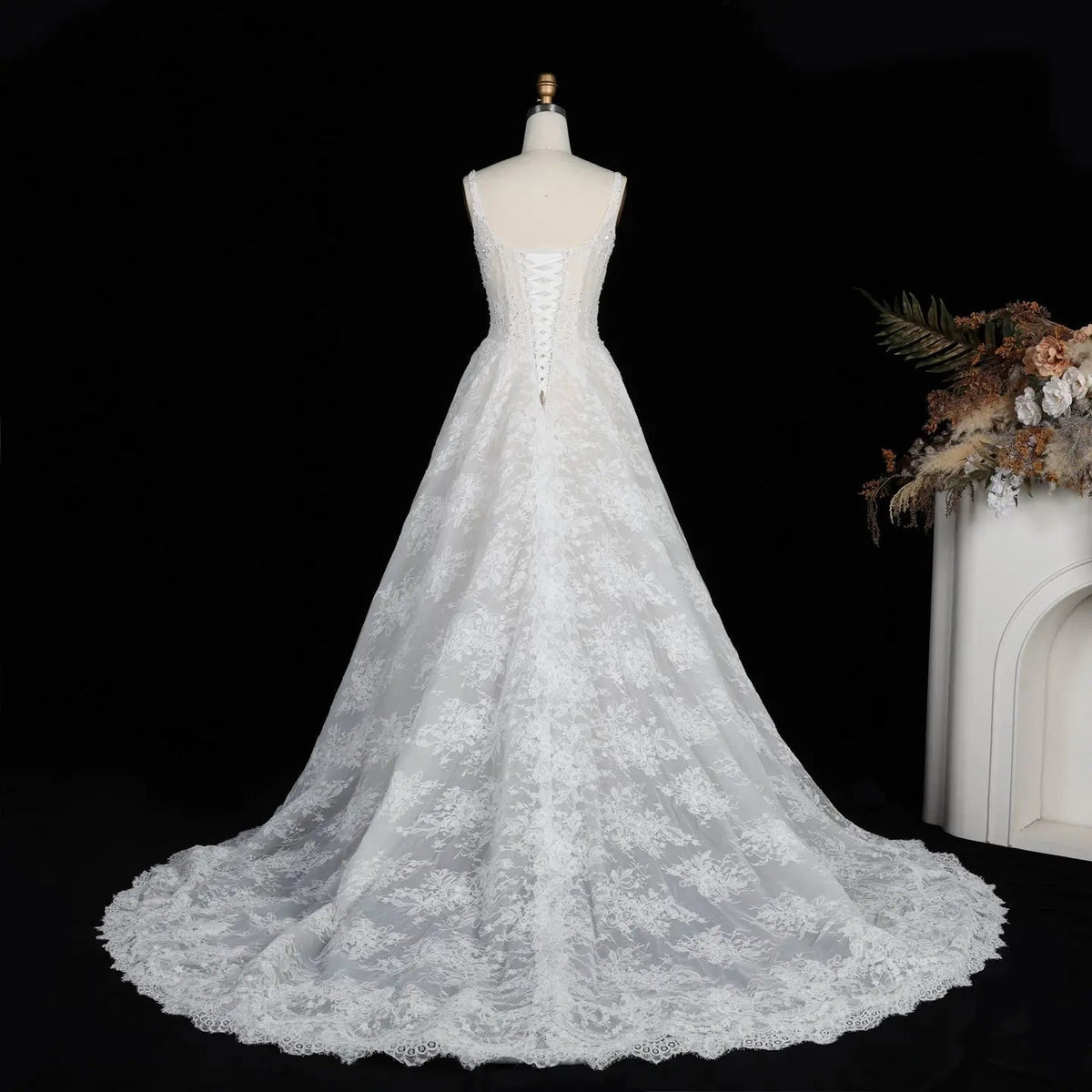 White Lace Spaghetti Strap Bridal Gown Square Neck Beaded Corset Ball Gown ZP012