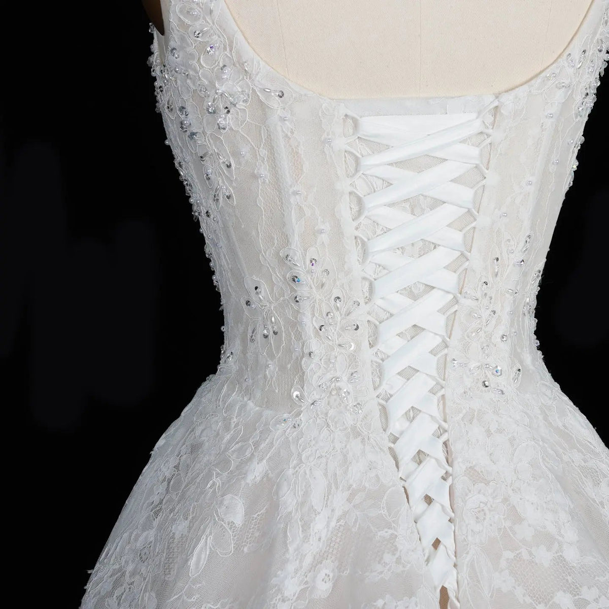 White Lace Spaghetti Strap Bridal Gown Square Neck Beaded Corset Ball Gown ZP012
