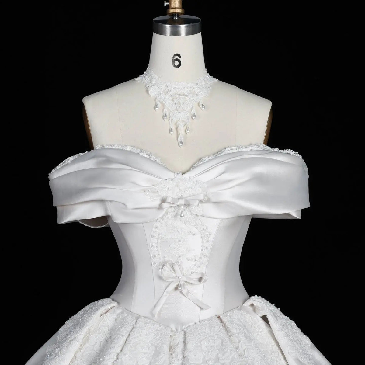 Off the Shoulder White Satin Ball Gown Wedding Dress with Long Cathedral Train ZP017 - View 5 | VelvetHem