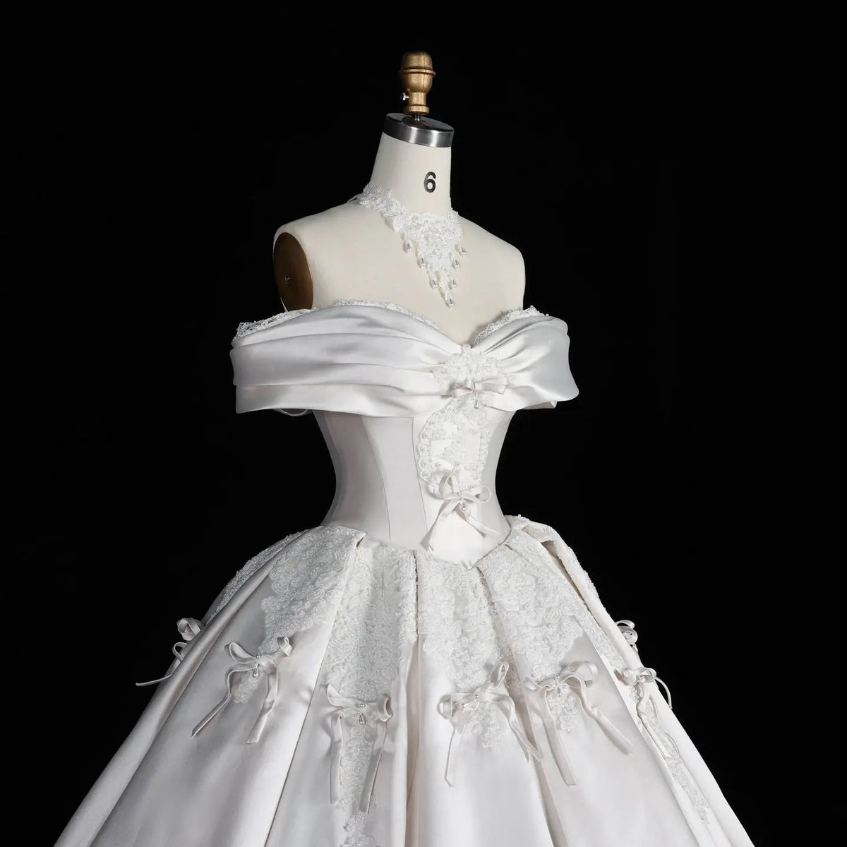 Off the Shoulder White Satin Ball Gown Wedding Dress with Long Cathedral Train ZP017