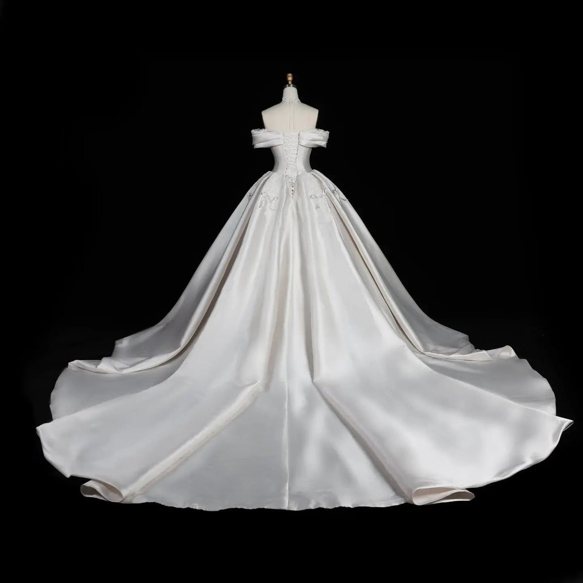 Off the Shoulder White Satin Ball Gown Wedding Dress with Long Cathedral Train ZP017 - View 12 | VelvetHem