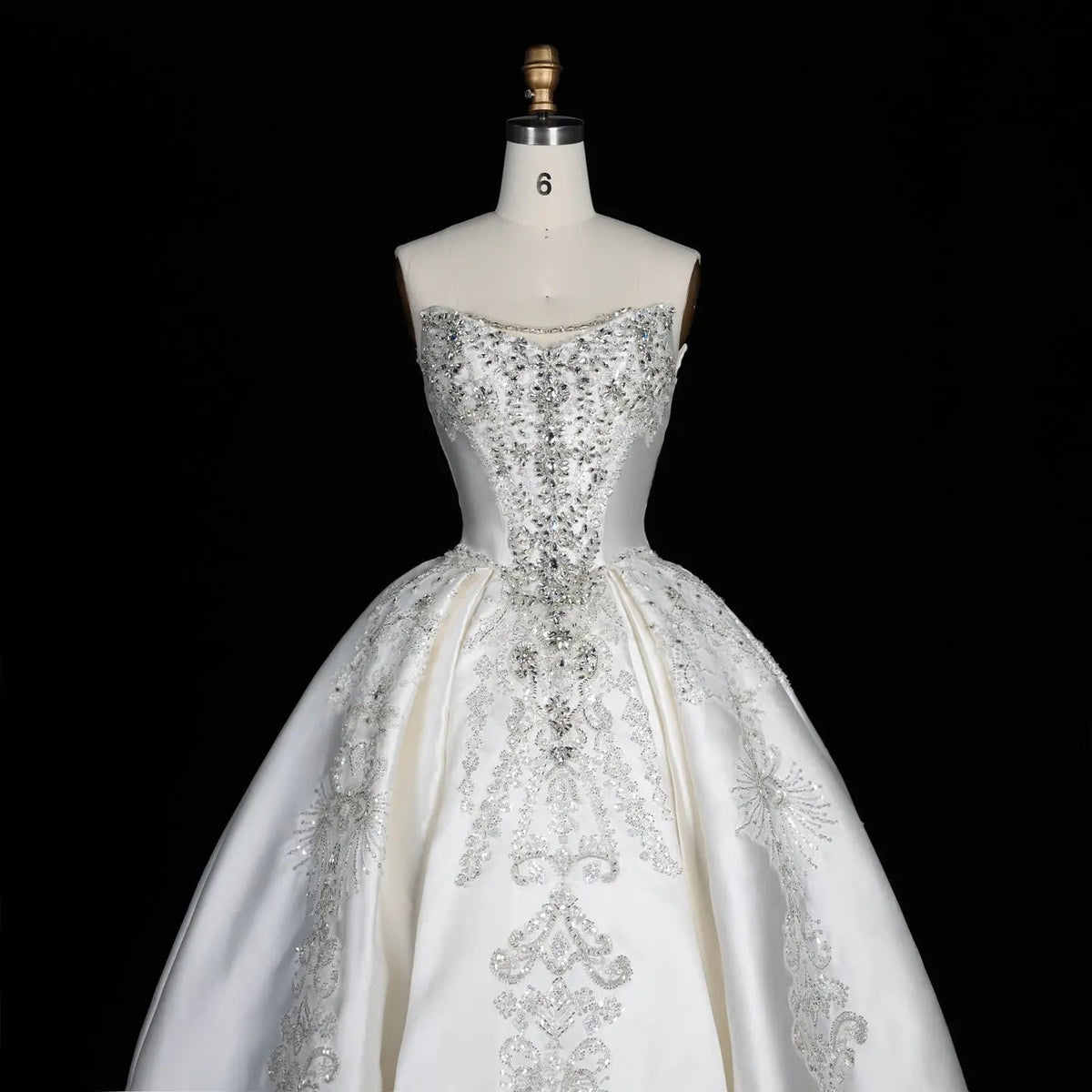 White Satin Strapless Ball Gown Wedding Dress with Luxurious Beaded Lace and Cathedral Train ZP016
