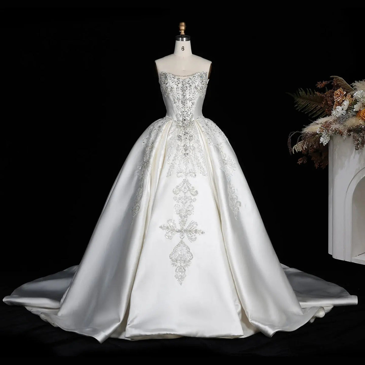 White Satin Strapless Ball Gown Wedding Dress with Luxurious Beaded Lace and Cathedral Train ZP016
