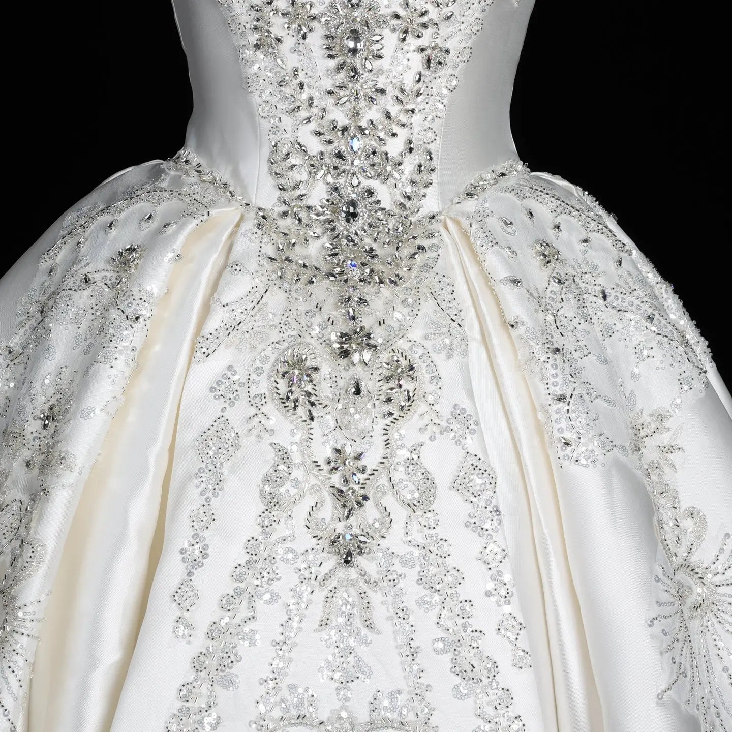 White Satin Strapless Ball Gown Wedding Dress with Luxurious Beaded Lace and Cathedral Train ZP016