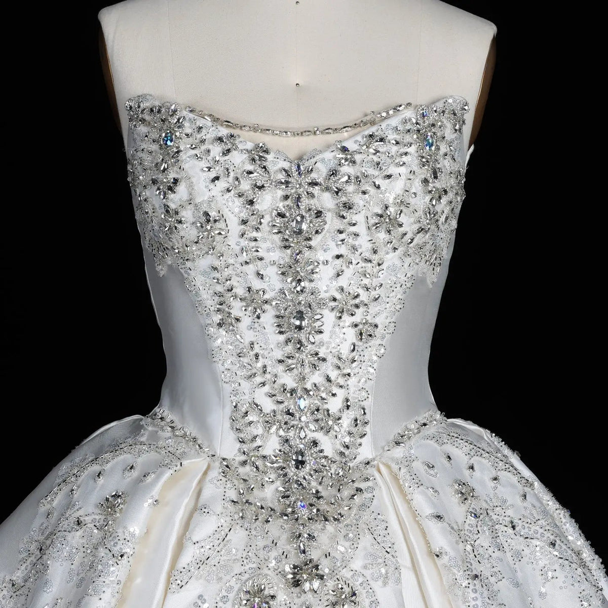 White Satin Strapless Ball Gown Wedding Dress with Luxurious Beaded Lace and Cathedral Train ZP016