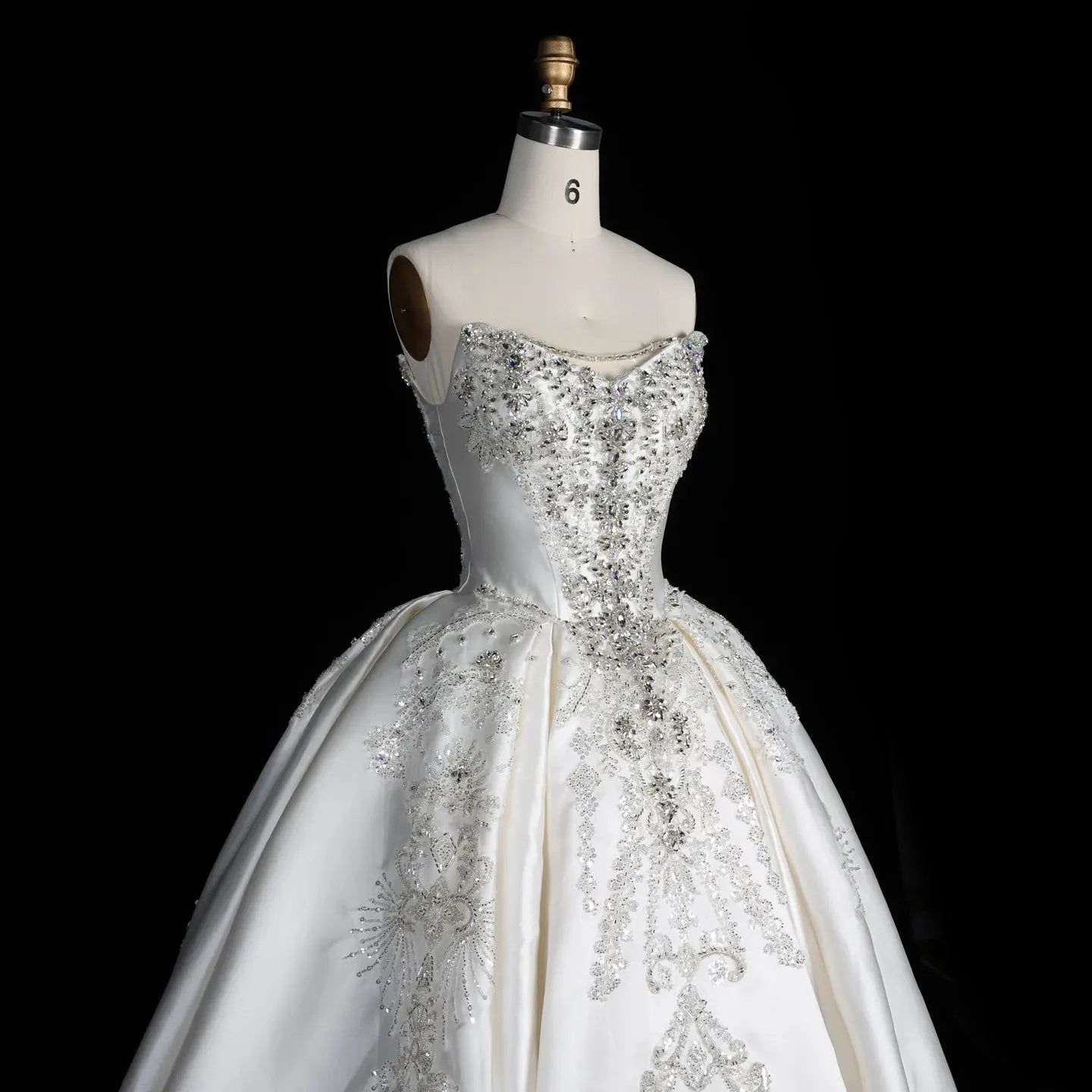 White Satin Strapless Ball Gown Wedding Dress with Luxurious Beaded Lace and Cathedral Train ZP016