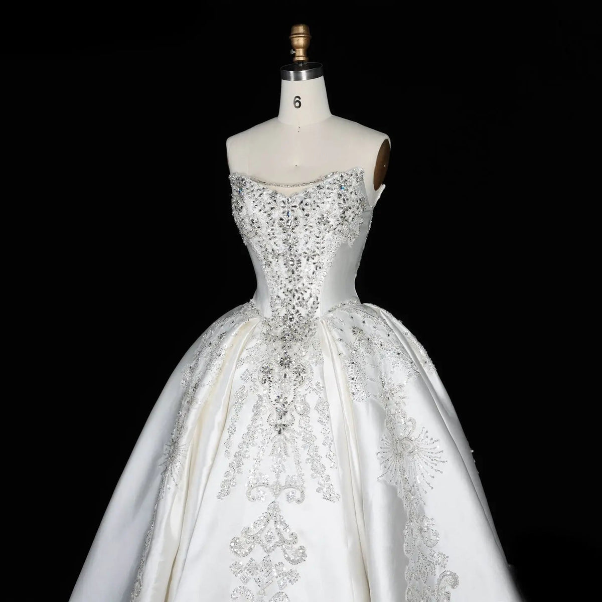 White Satin Strapless Ball Gown Wedding Dress with Luxurious Beaded Lace and Cathedral Train ZP016 - View 8 | VelvetHem
