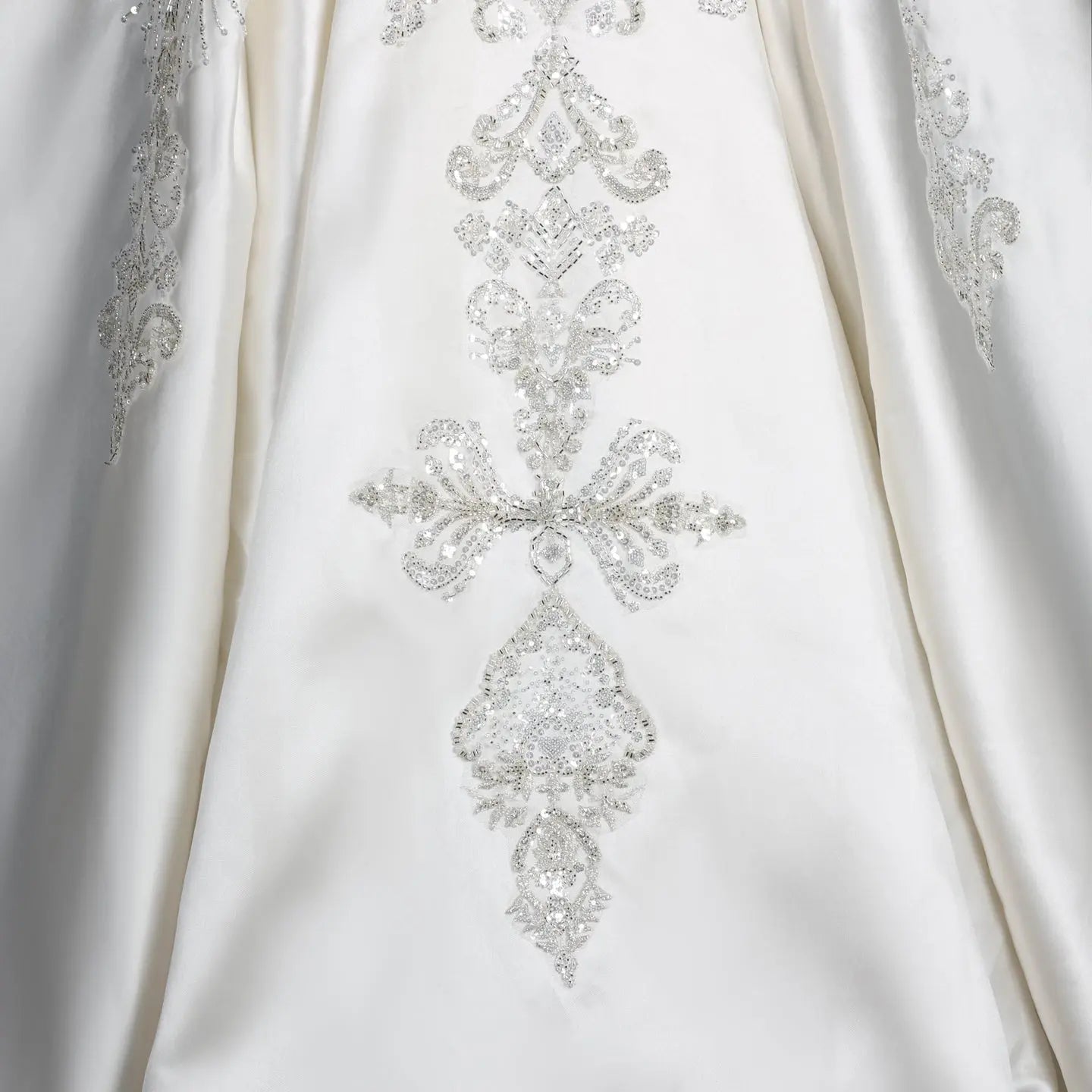 White Satin Strapless Ball Gown Wedding Dress with Luxurious Beaded Lace and Cathedral Train ZP016