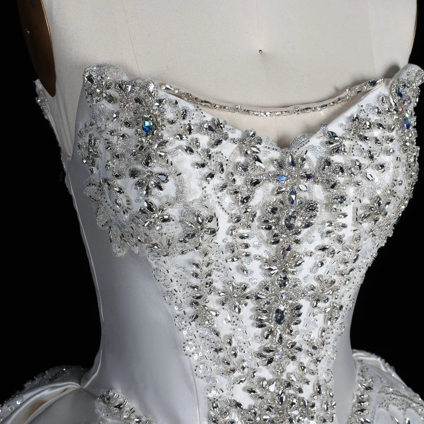 White Satin Strapless Ball Gown Wedding Dress with Luxurious Beaded Lace and Cathedral Train ZP016