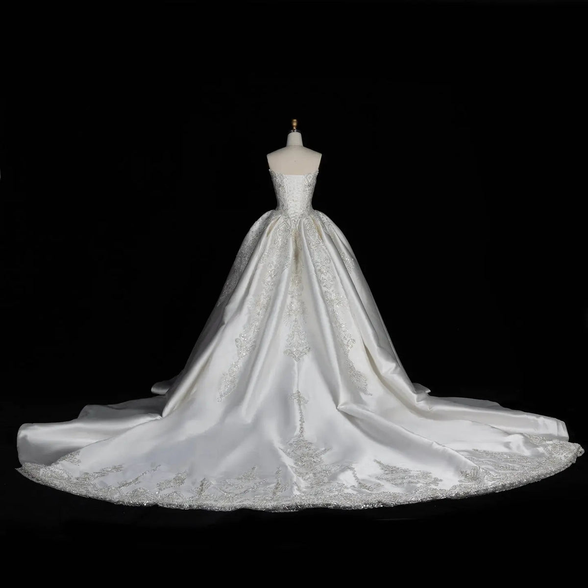 White Satin Strapless Ball Gown Wedding Dress with Luxurious Beaded Lace and Cathedral Train ZP016 - View 12 | VelvetHem