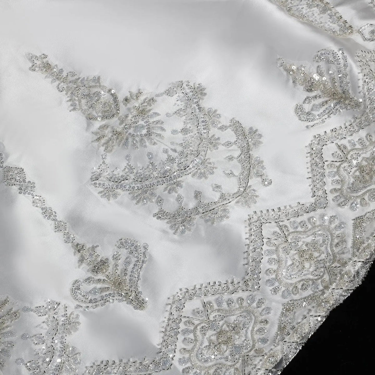 White Satin Strapless Ball Gown Wedding Dress with Luxurious Beaded Lace and Cathedral Train ZP016