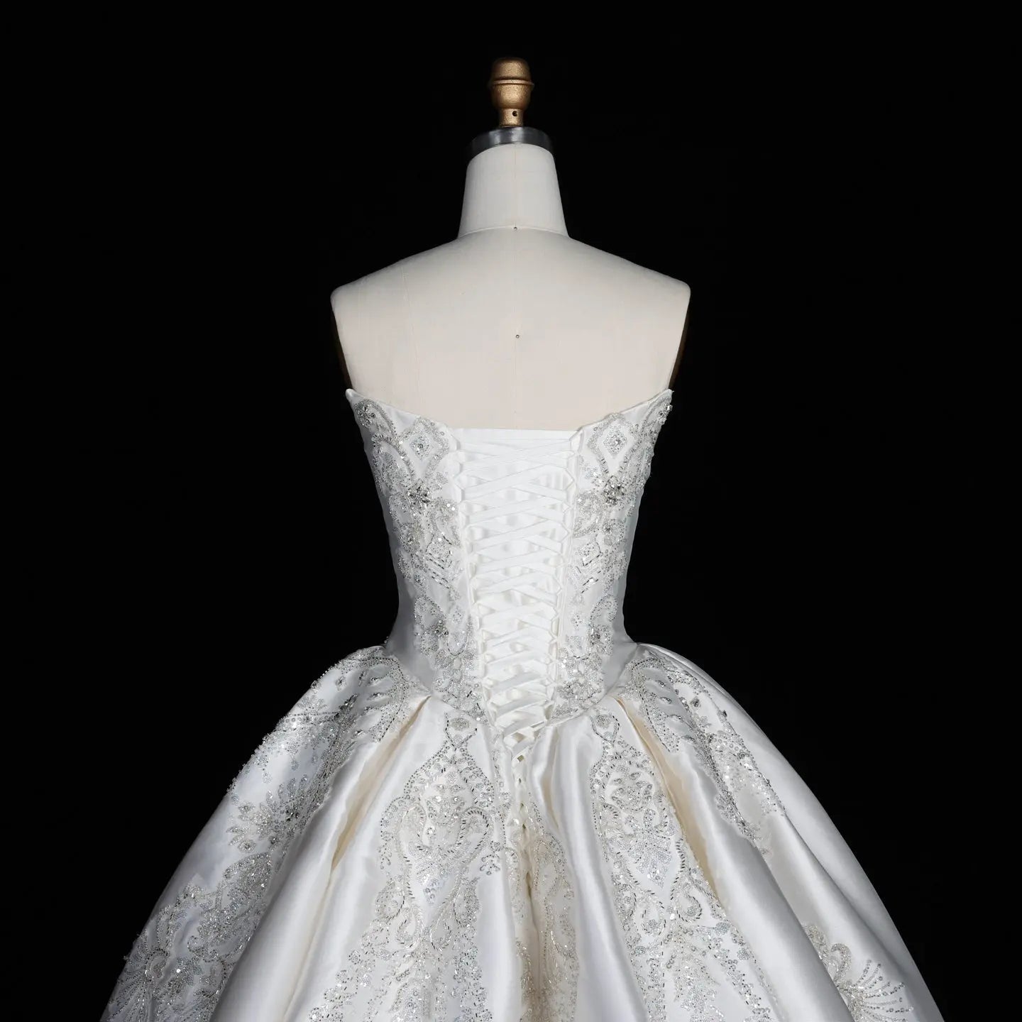 White Satin Strapless Ball Gown Wedding Dress with Luxurious Beaded Lace and Cathedral Train ZP016