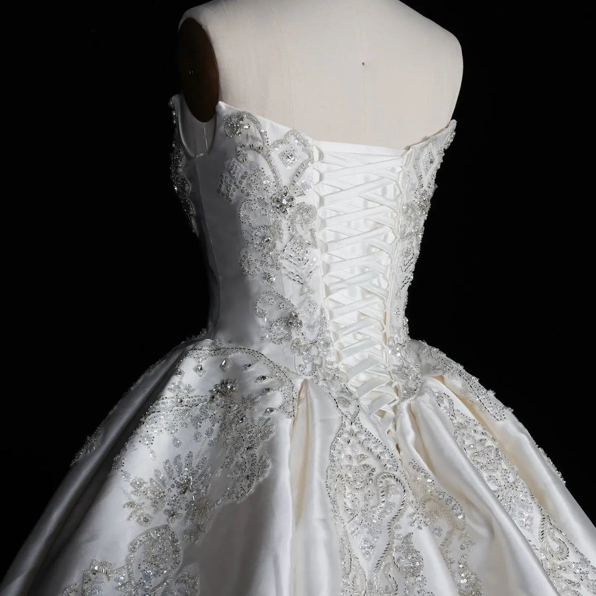 White Satin Strapless Ball Gown Wedding Dress with Luxurious Beaded Lace and Cathedral Train ZP016