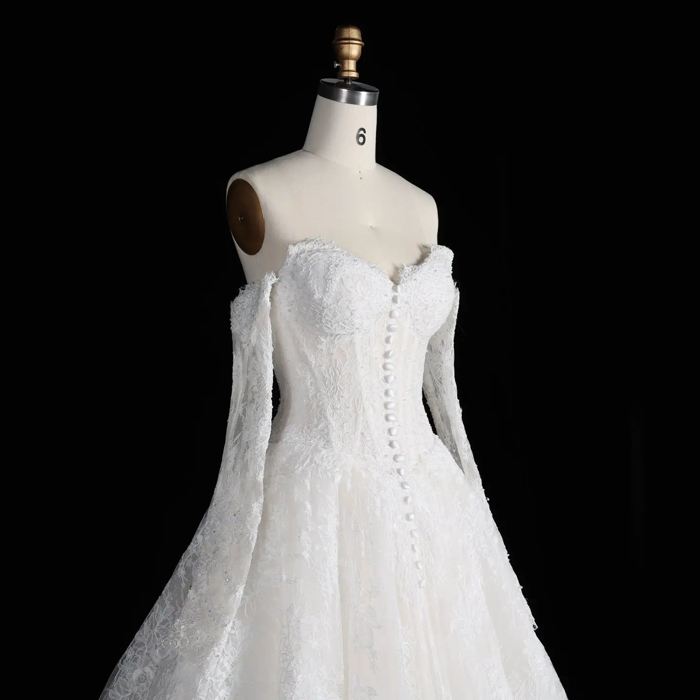 White Floral Lace Ball Gown Wedding Dress with Sweetheart Neckline and Detachable Long Sleeves ZP015